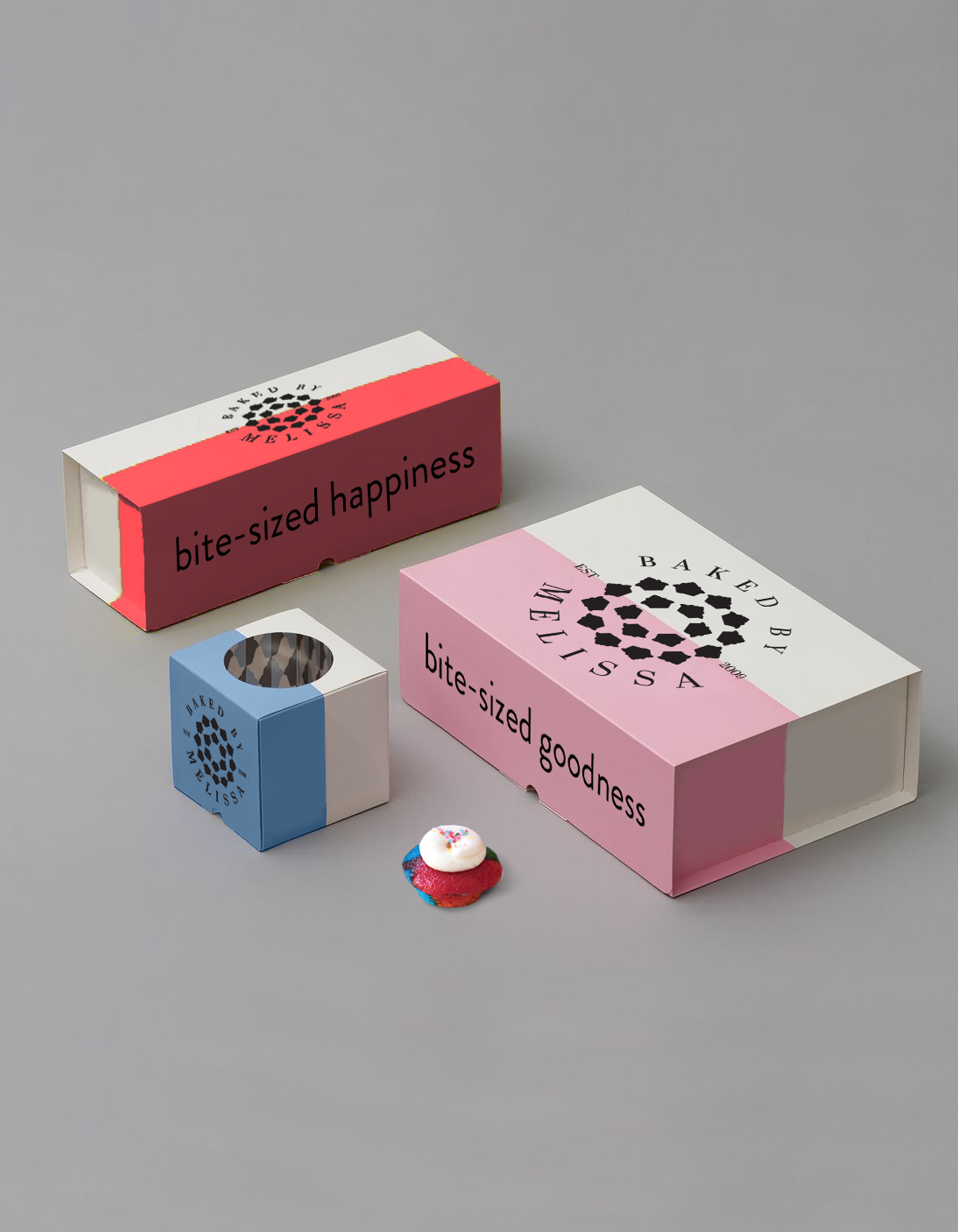 Set of packaging touchpoints for a rebrand project of the miniature cupcake company: Baked By Melissa. More touchpoints as well as the brand guielines can be viewed in my portfolio.